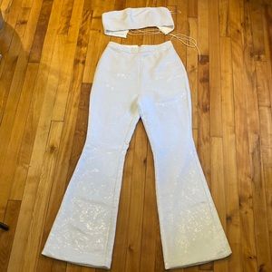 MESHKI Two Piece White Sequin Flare Pant and Top Size Small